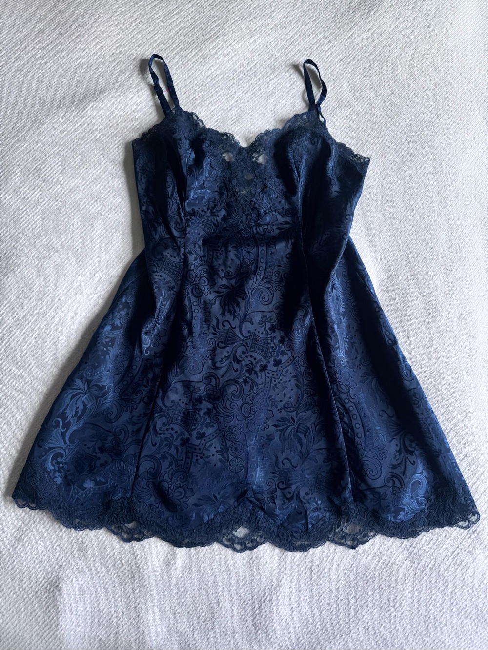 Vintage 90s Gold Tag Victoria's Secret Navy Blue Lace-Trim Satin Chemise M